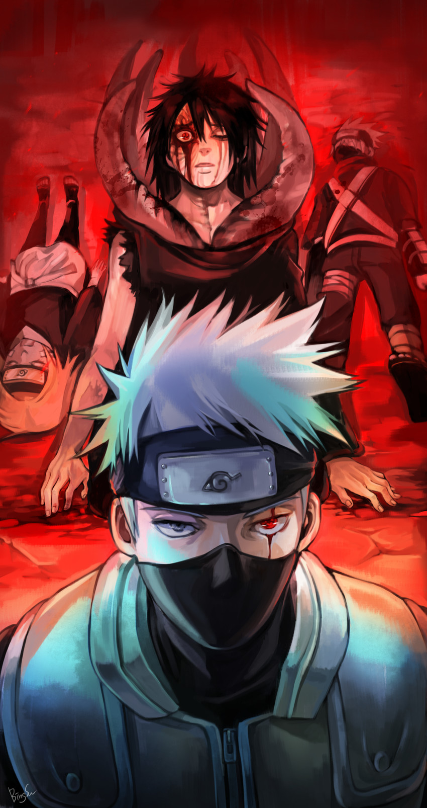 hatake kakashi, uchiha obito, and nohara rin (naruto) drawn by sora_(artist)