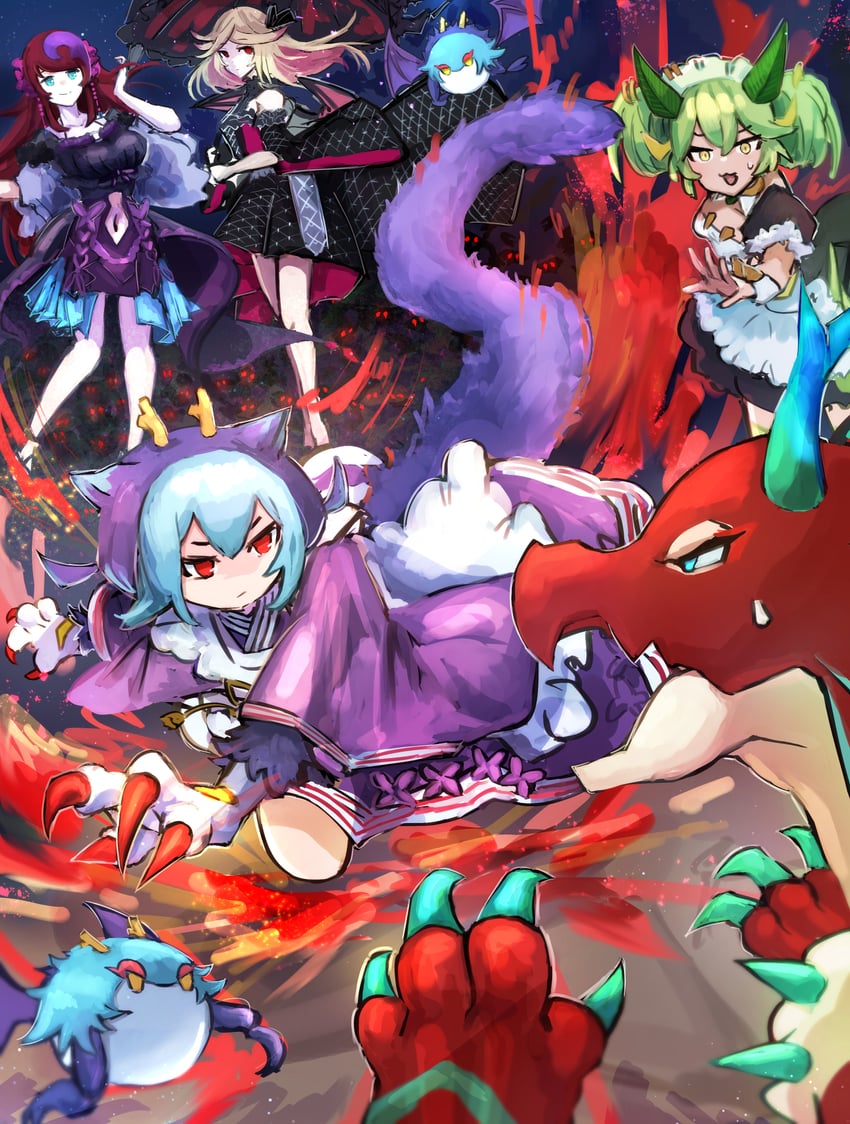 laundry dragonmaid, parlor dragonmaid, kitchen dragonmaid, dragonmaid tinkhec, vampire fraulein, and 1 more (yu-gi-oh!) drawn by hatano_kiyoshi