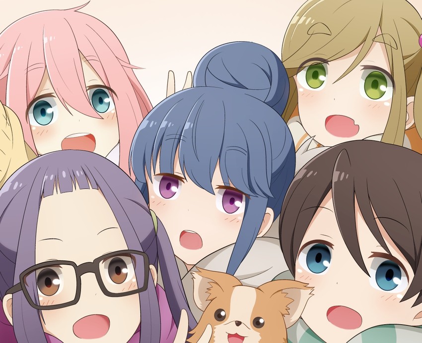 shima rin, kagamihara nadeshiko, inuyama aoi, oogaki chiaki, saitou ena, and 1 more (yurucamp) drawn by nuts_tuna
