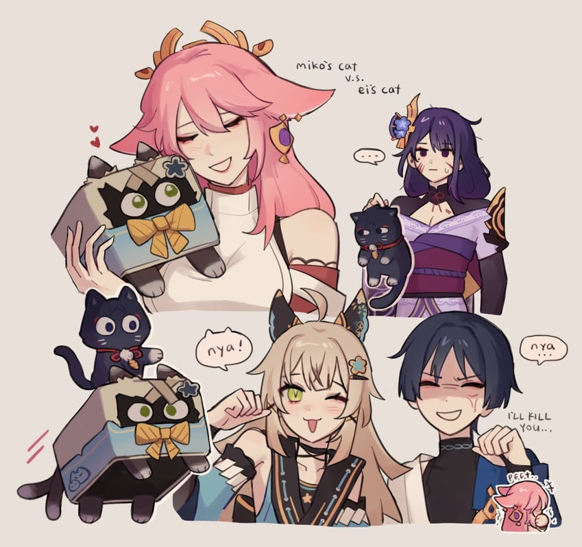 raiden shogun, yae miko, wanderer, scaramouche, and kirara (genshin impact) drawn by nonons