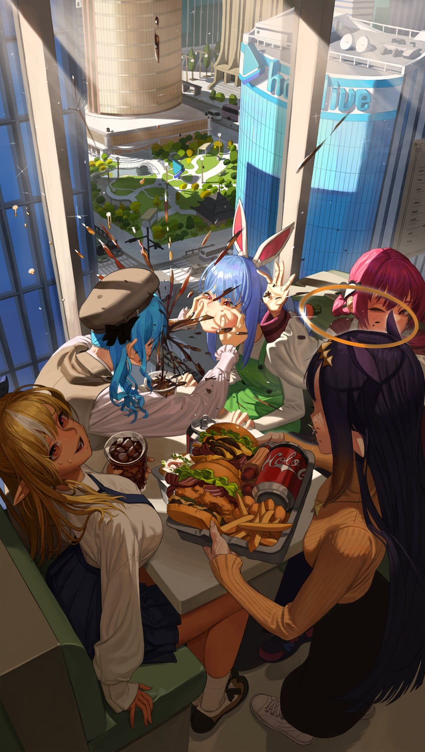 houshou marine, hoshimachi suisei, usada pekora, ninomae ina'nis, and shiranui flare (hololive and 1 more) drawn by hyeonjong8