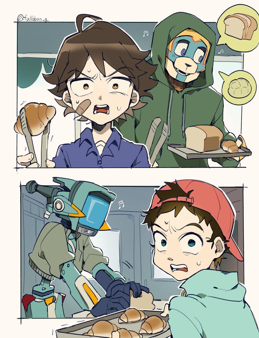 nandaba naota, freddy fazbear, canti, glamrock freddy, and gregory (flcl and 2 more) drawn by fullbban_g