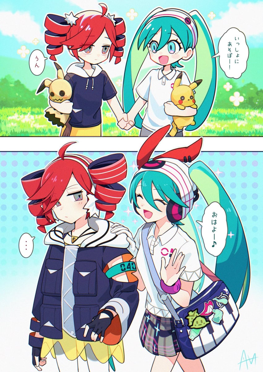 hatsune miku, pikachu, kasane teto, mimikyu, psychic miku, and 1 more (pokemon and 3 more) drawn by sato_(r017xts117)