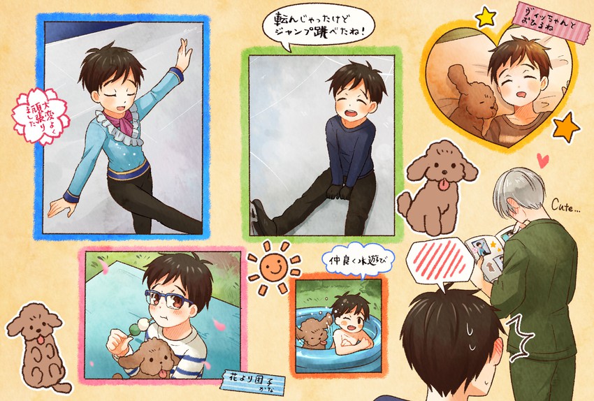 katsuki yuuri, viktor nikiforov, and vicchan (yuri!!! on ice) drawn by twc_(p-towaco)