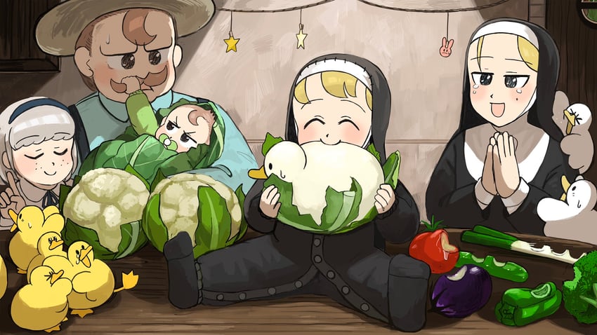 clumsy nun, froggy nun, strict nun, sheep nun, and froggy nun's father (little nuns) drawn by diva_(hyxpk)