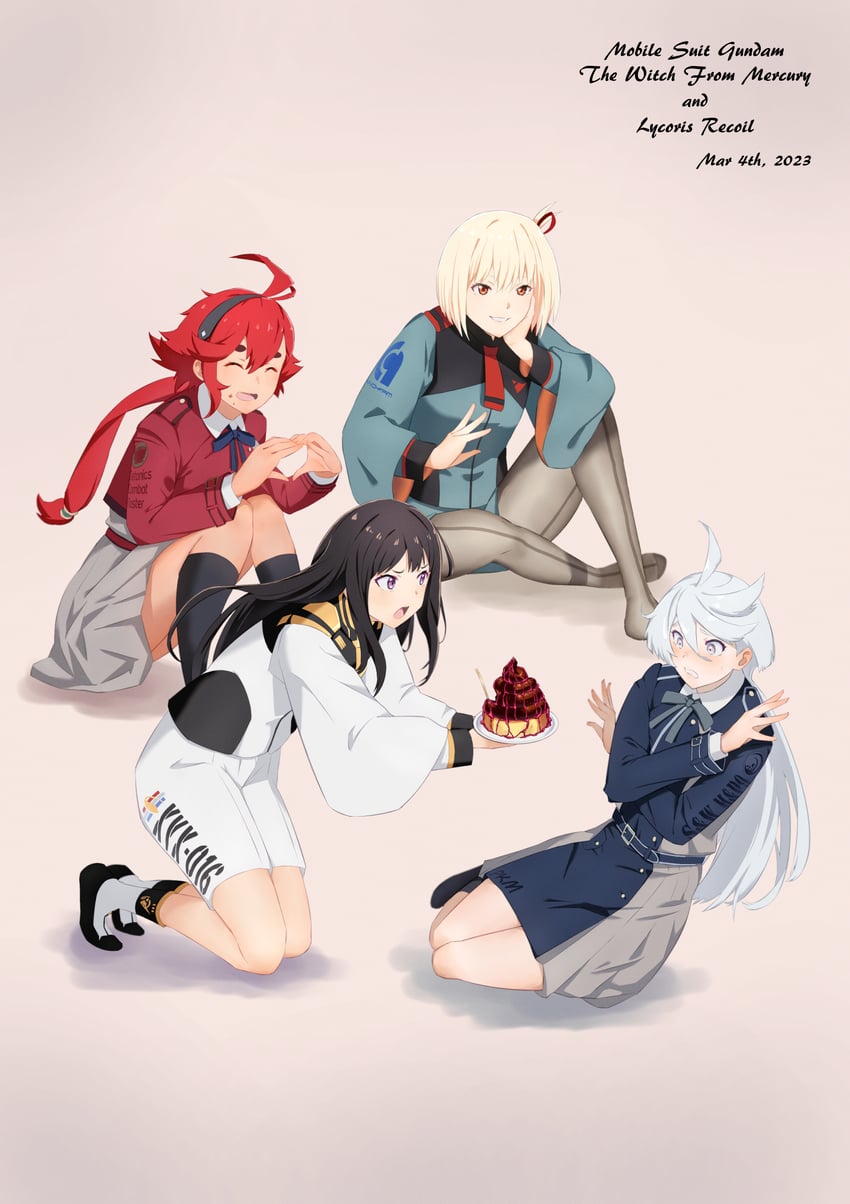 nishikigi chisato, suletta mercury, miorine rembran, and inoue takina (gundam and 2 more) drawn by takatoshi