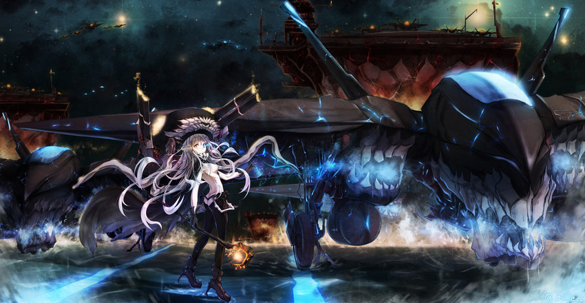 wo-class aircraft carrier and enemy aircraft (kantai collection) drawn by bae.c