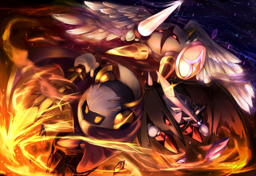 meta knight, galacta knight, and dark meta knight (kirby) drawn by caramel_(artist)