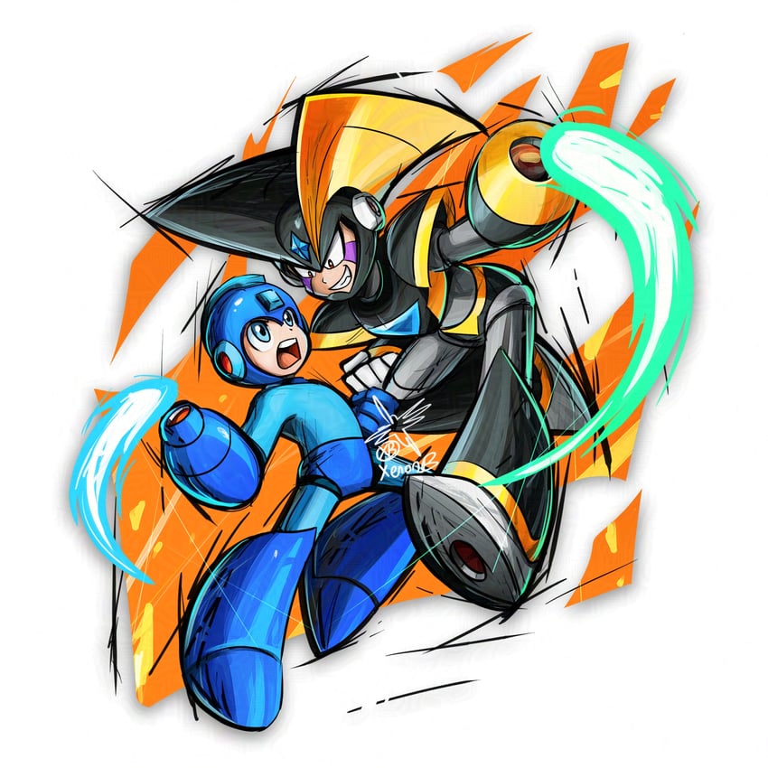mega man and bass (mega man) drawn by xenon_(xenonb)