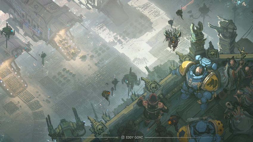 adeptus astartes, astra militarum, adeptus mechanicus, and collegia titanica (warhammer 40k) drawn by eddygonzlezdvila
