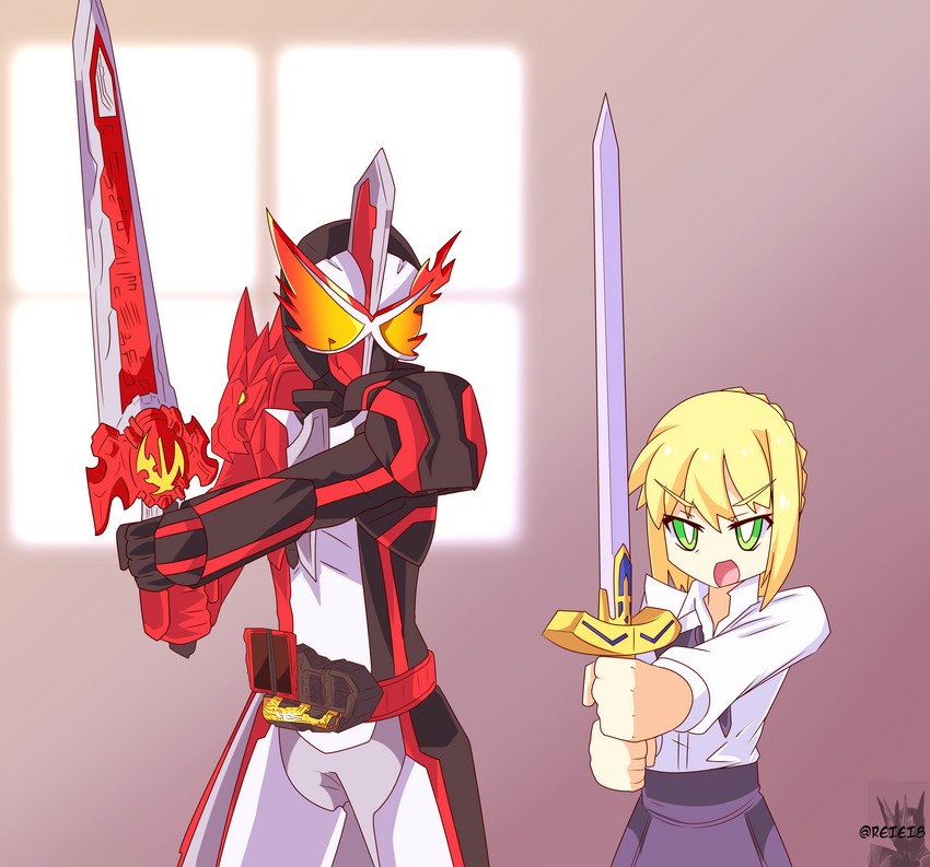 artoria pendragon, saber, and kamen rider saber (fate and 3 more) drawn by reiei_8