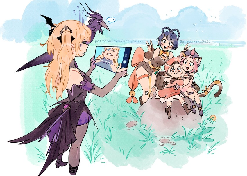 klee, fischl, xiangling, diona, and oz (genshin impact) drawn by snegovski