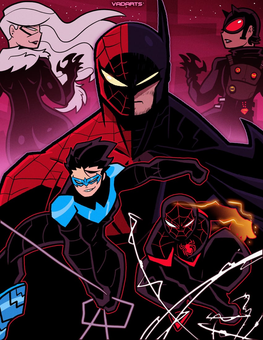 spider-man, batman, miles morales, black cat, catwoman, and 1 more (marvel and 2 more) drawn by vad_arts