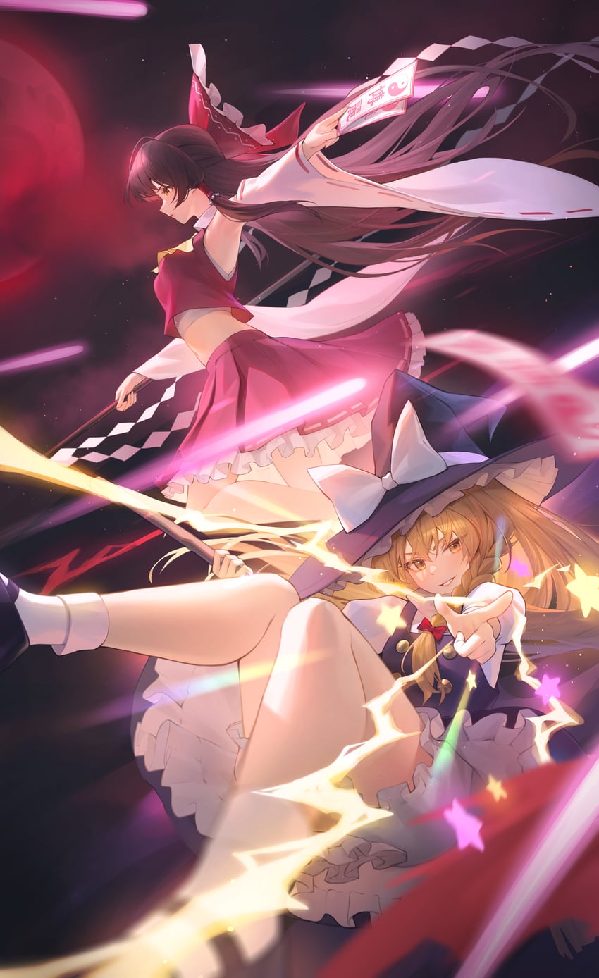 hakurei reimu and kirisame marisa (touhou) drawn by zhenli-mari