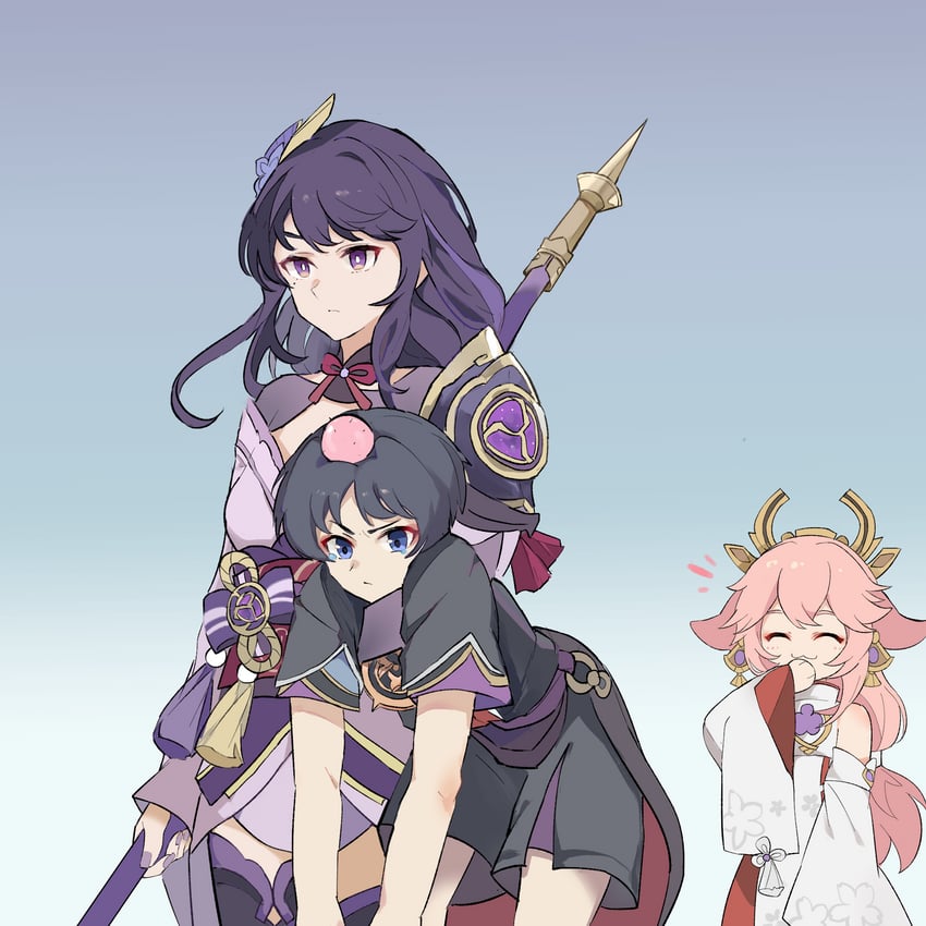 raiden shogun, scaramouche, and yae miko (genshin impact) drawn by long_wind