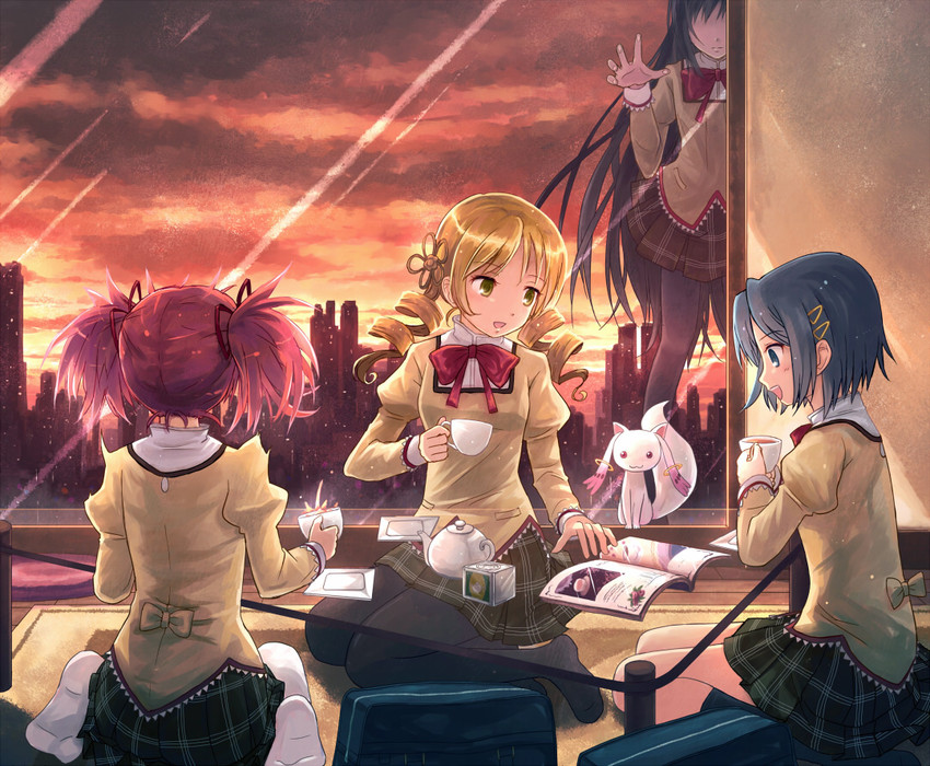 akemi homura, kaname madoka, miki sayaka, tomoe mami, and kyubey (mahou shoujo madoka magica) drawn by yakka