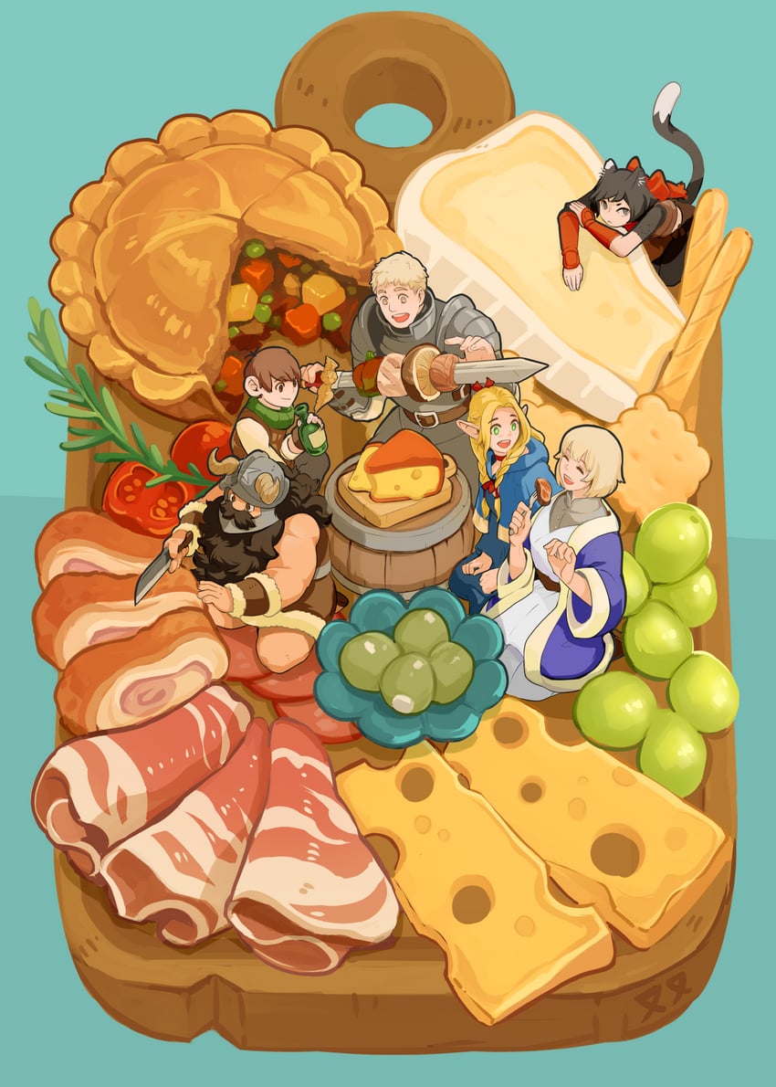 marcille donato, falin touden, senshi, chilchuck tims, and izutsumi (dungeon meshi) drawn by saltska