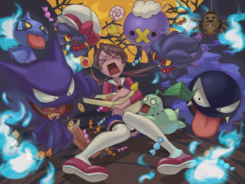 lyra, chikorita, gastly, drifloon, haunter, and 3 more (pokemon and 1 more) drawn by satou_kivi