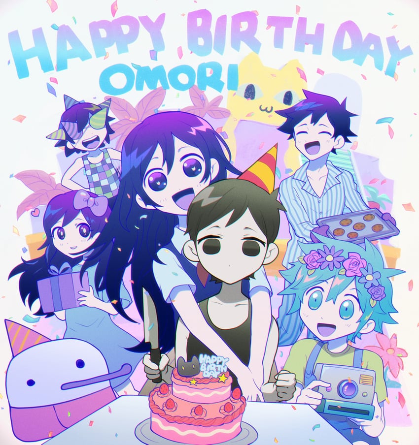 omori, basil, aubrey, mari, kel, and 3 more (omori) drawn by g_tsurius