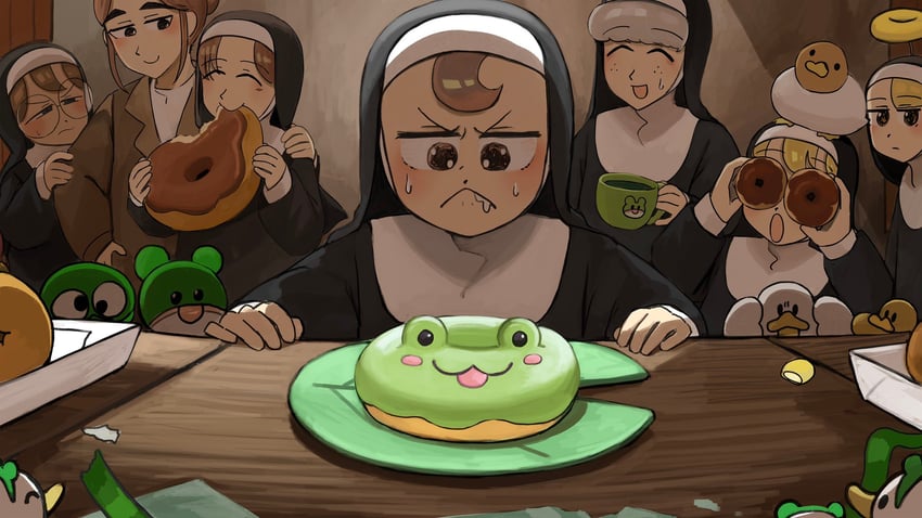 clumsy nun, froggy nun, spicy nun, sheep nun, glasses nun, and 2 more (little nuns) drawn by diva_(hyxpk)