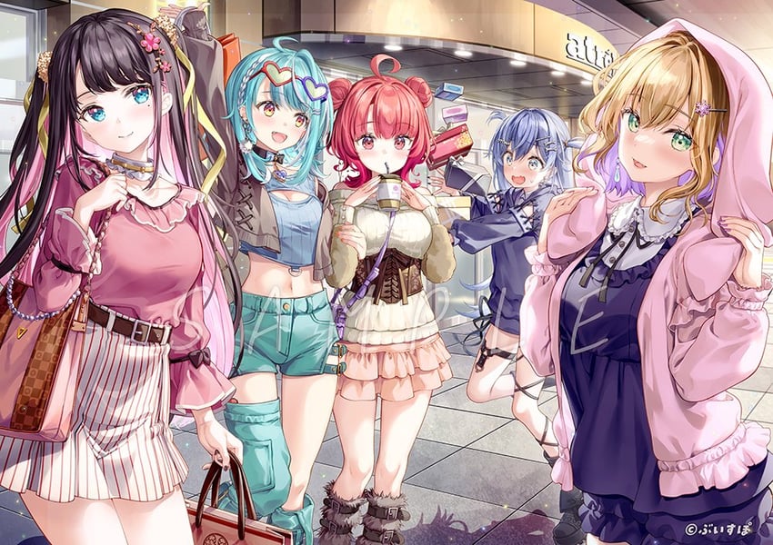 kurumi noah, kaga nazuna, shiranami ramune, yano kuromu, and yumeno akari (vspo! and 2 more) drawn by fujima_takuya