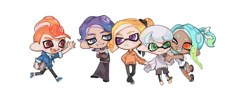 inkling player character, octoling player character, octoling girl, inkling boy, and octoling boy (splatoon) drawn by spl8ya