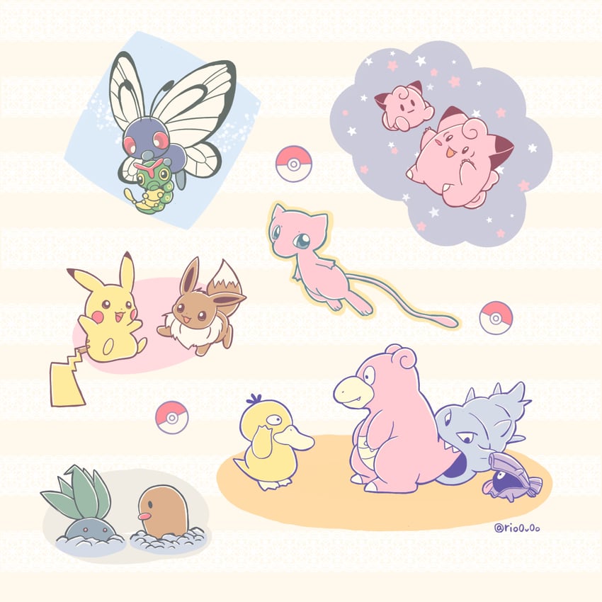 pikachu, eevee, psyduck, clefairy, oddish, and 5 more (pokemon) drawn by rio_(rio0v0o)