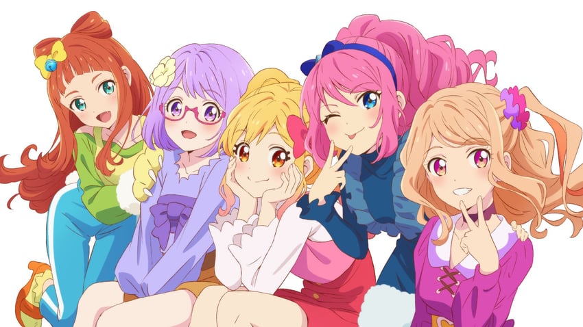 saotome alto, nijino yume, sakuraba rola, kasumi mahiru, and nanakura koharu (aikatsu! and 1 more) drawn by akitsu_tatsuya