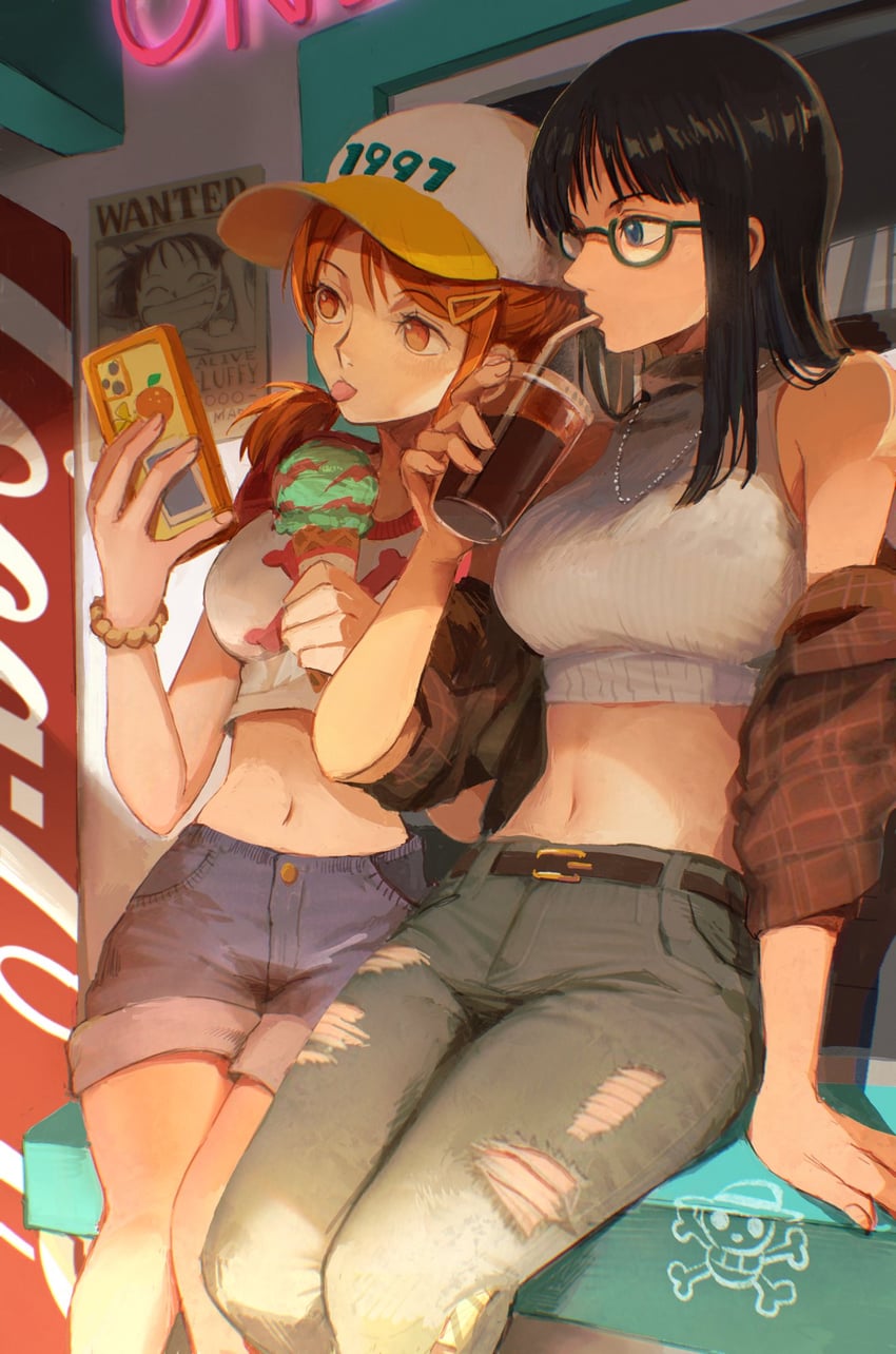 nami, monkey d. luffy, and nico robin (one piece) drawn by oekakiboya