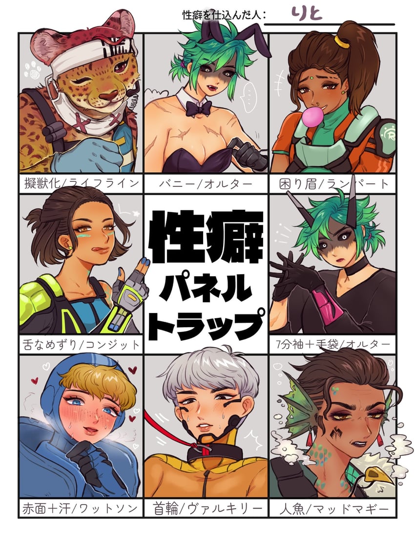 wattson, valkyrie, lifeline, rampart, mad maggie, and 2 more (apex legends) drawn by ritomidi