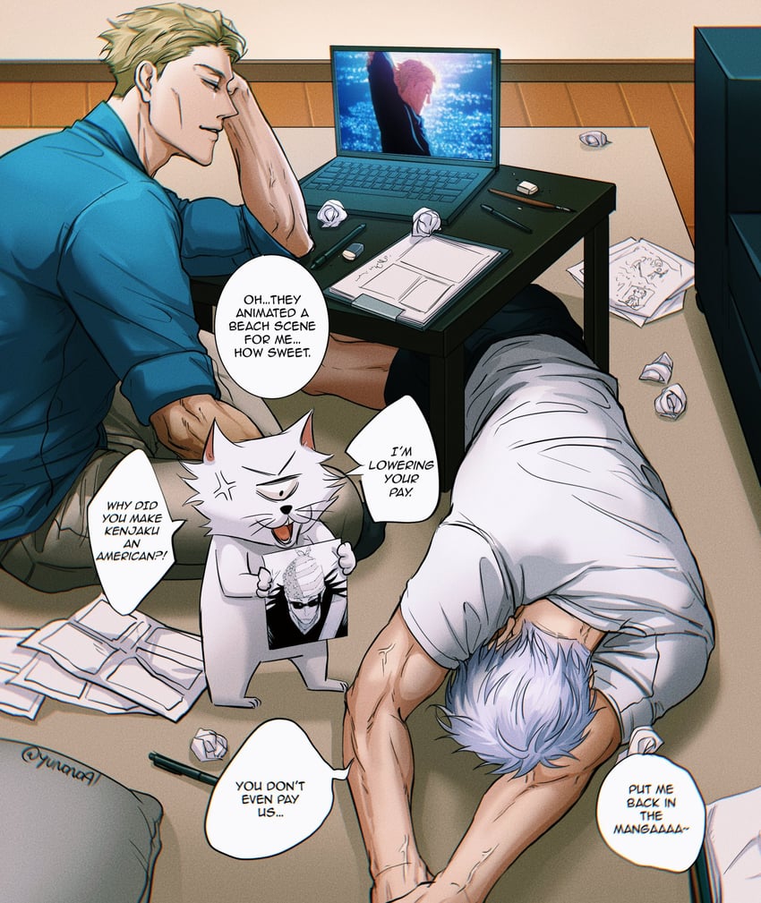 gojou satoru, getou suguru, nanami kento, kenjaku, and akutami gege (jujutsu kaisen) drawn by yuana