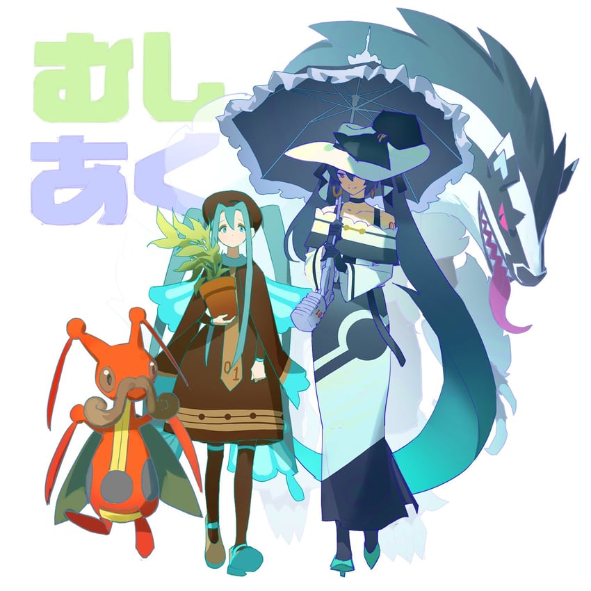 hatsune miku, obstagoon, dark miku, bug miku, and kricketune (pokemon and 2 more) drawn by yarr