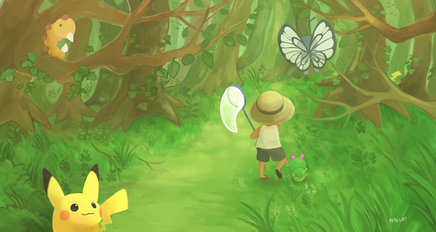 pikachu, butterfree, caterpie, weedle, and bug catcher (pokemon and 1 more) drawn by konanbo