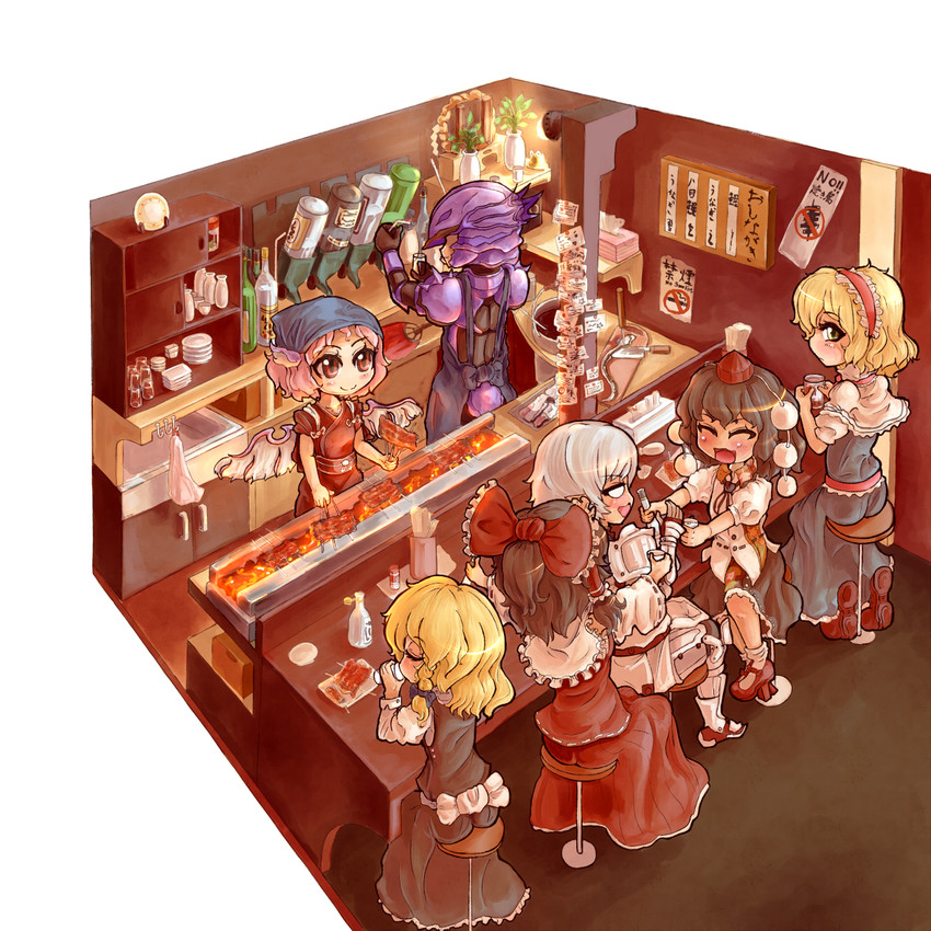 hakurei reimu, kirisame marisa, alice margatroid, shameimaru aya, mystia lorelei, and 4 more (touhou and 3 more) drawn by kakat