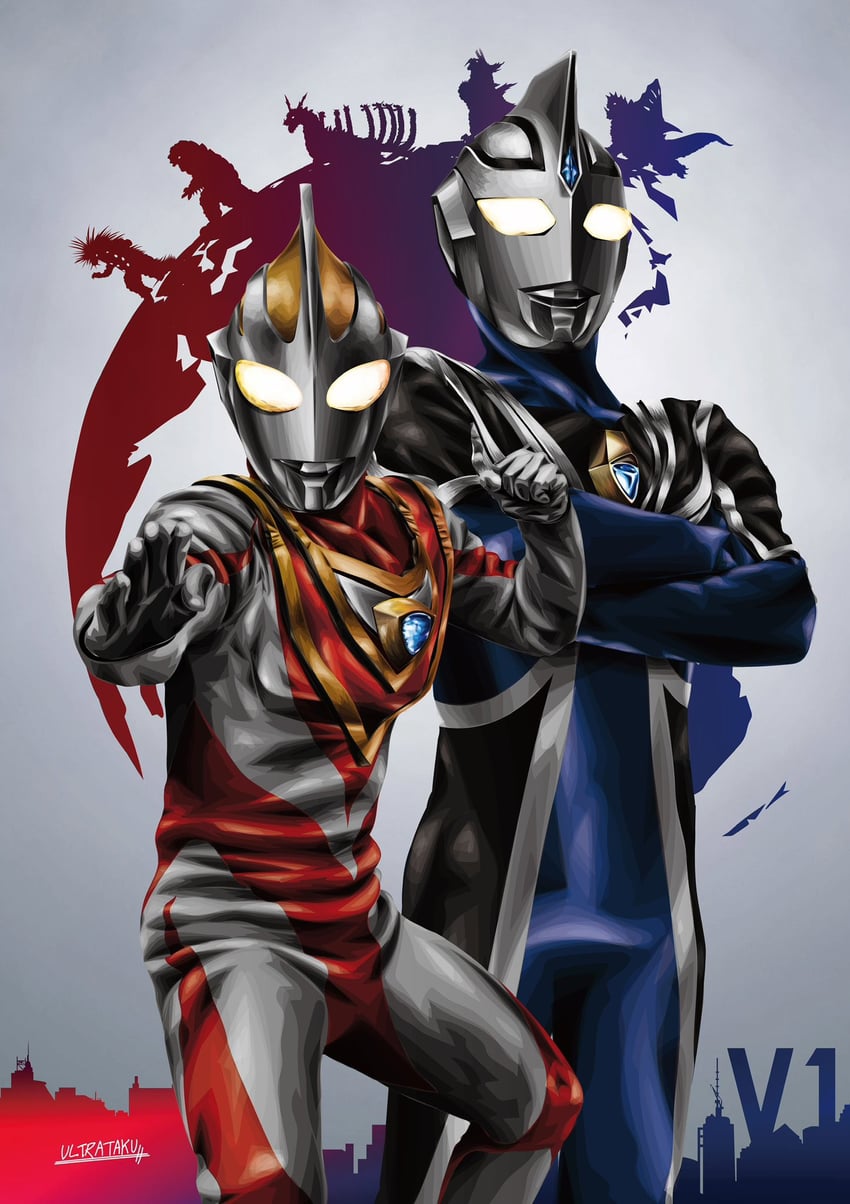 ultraman gaia, ultraman agul, mizunoe-no-ryuu, gomenos, tigris, and 2 more (ultra series and 1 more) drawn by ultrataku