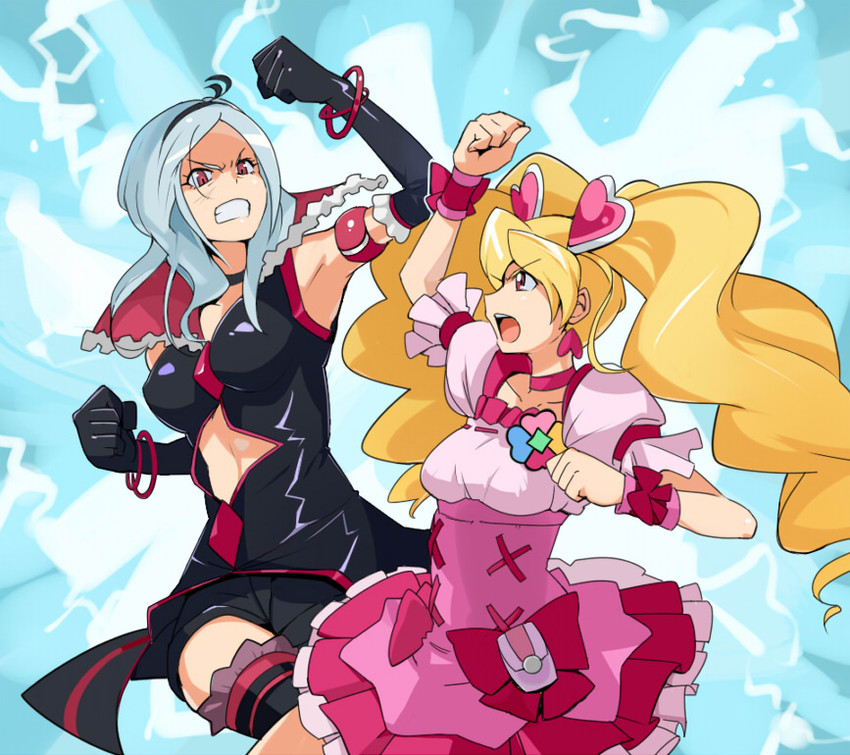 higashi setsuna, momozono love, cure peach, and eas (precure and 1 more) drawn by tamagoroo