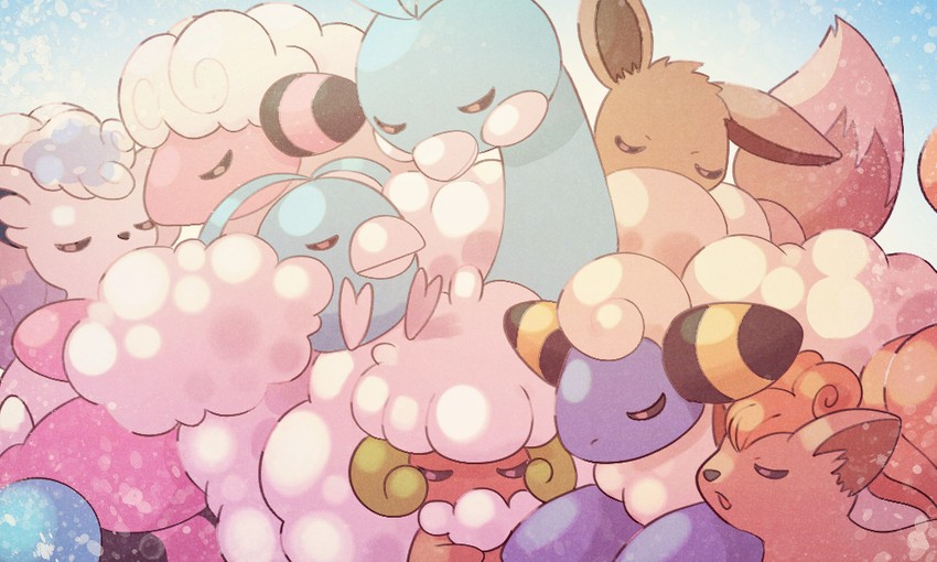 eevee, alolan vulpix, altaria, vulpix, swablu, and 3 more (pokemon) drawn by yukifuri_tsuyu