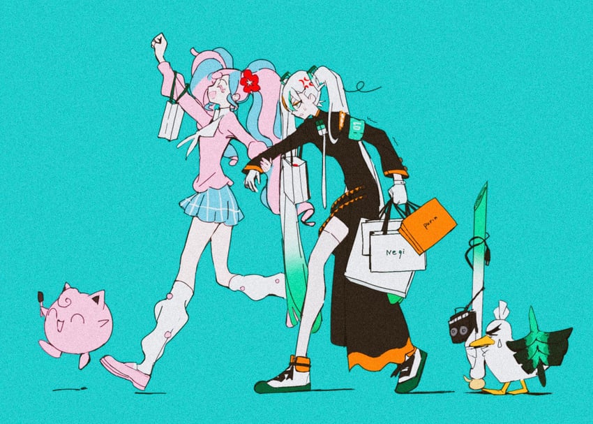 hatsune miku, jigglypuff, sirfetch'd, fairy miku, and fighting miku (pokemon and 2 more) drawn by mitsubachi_(roundbee)