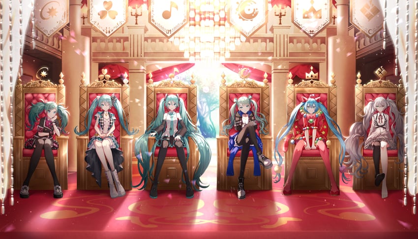 hatsune miku, 25-ji miku, wonderlands x showtime miku, vivid bad squad miku, leo/need miku, and 1 more (vocaloid and 1 more) drawn by itogari