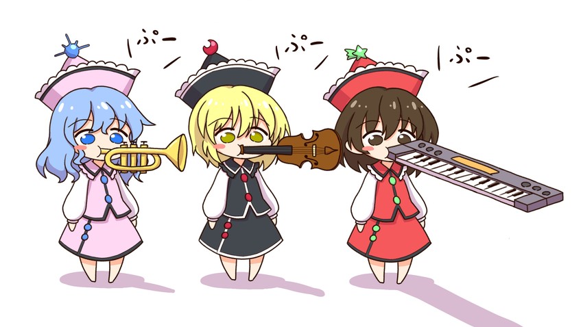 lunasa prismriver, merlin prismriver, and lyrica prismriver (touhou) drawn by shitacemayo