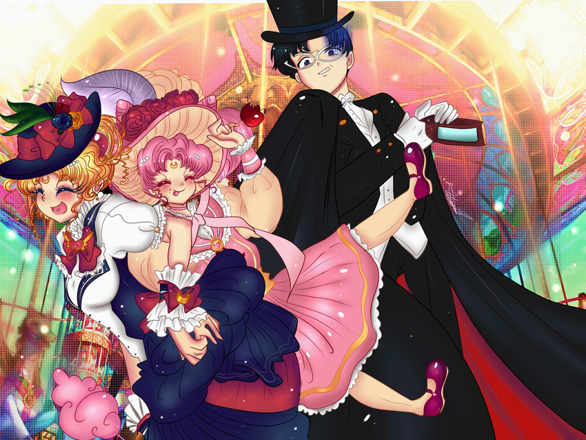 tsukino usagi, chibi usa, chiba mamoru, and tuxedo kamen (bishoujo senshi sailor moon) drawn by vanessa_trevino