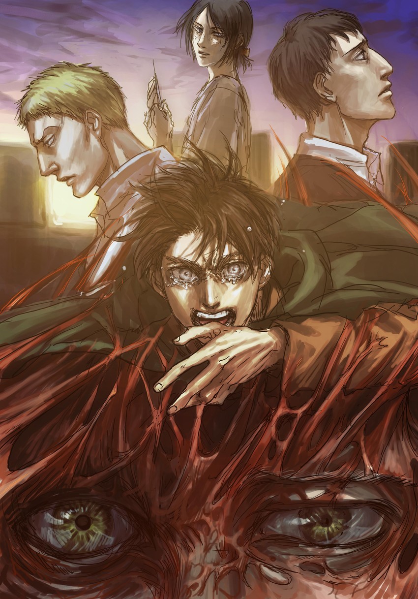 eren yeager, ymir, reiner braun, titan, bertolt hoover, and 1 more (shingeki no kyojin) drawn by chiruchiru