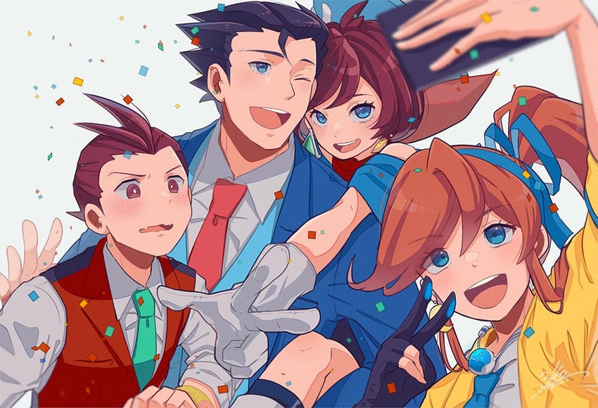 phoenix wright, apollo justice, trucy wright, and athena cykes (ace attorney and 1 more) drawn by 3llo_3