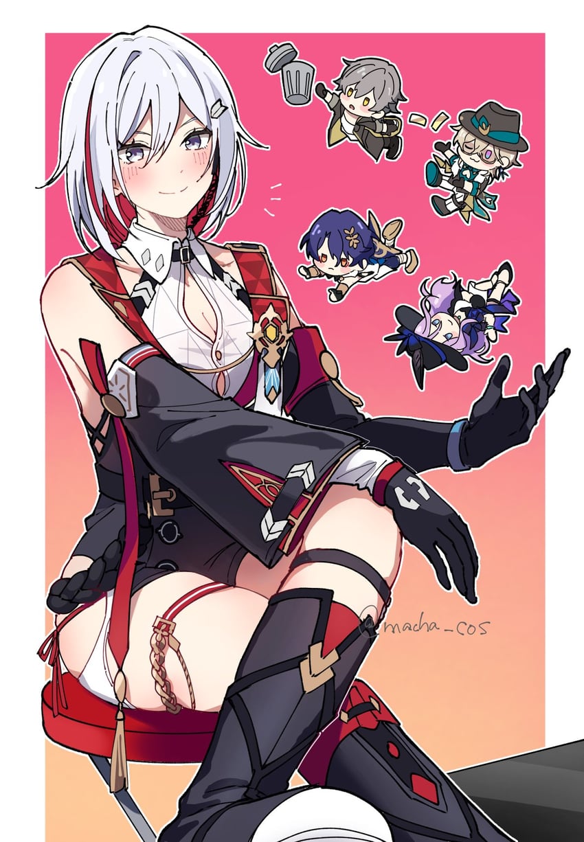 trailblazer, caelus, aventurine, dr. ratio, topaz, and 1 more (honkai and 1 more) drawn by macha_cos