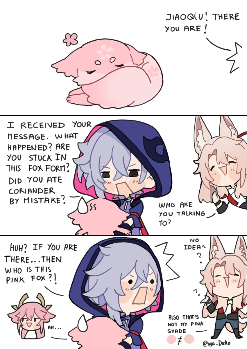 yae miko, jiaoqiu, and moze (genshin impact and 3 more) drawn by nya_deko