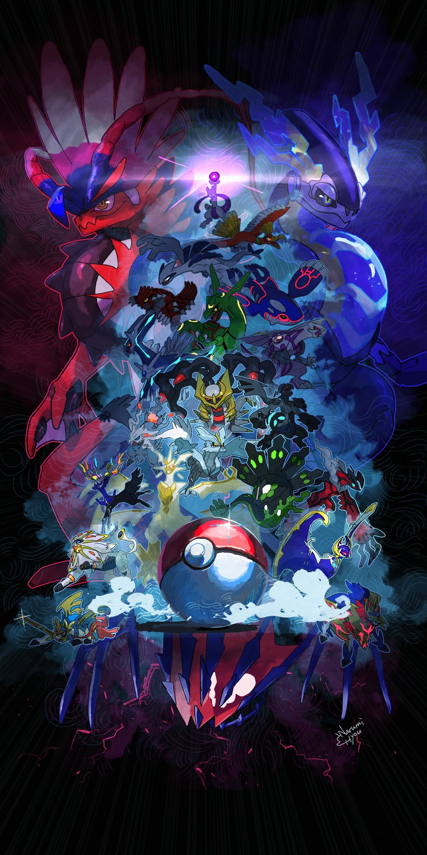 mewtwo, giratina, lugia, reshiram, rayquaza, and 18 more (pokemon) drawn by narumi_hyou