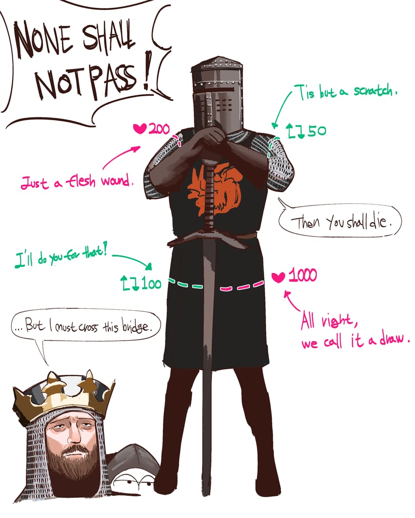 king arthur, black knight, and patsy (monty python and 1 more) drawn by gulyas
