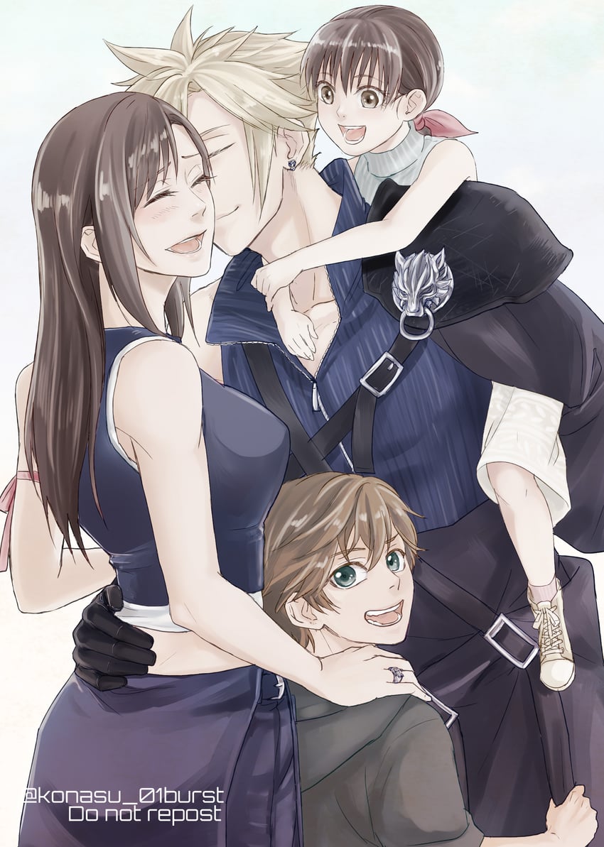 tifa lockhart, cloud strife, marlene wallace, fenrir, and denzel (final fantasy and 2 more) drawn by konasu_01burst