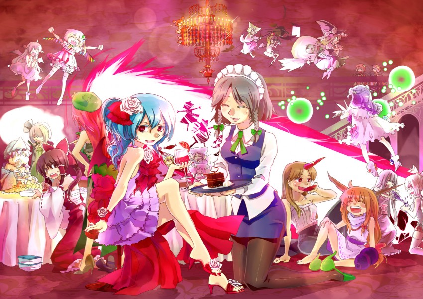 hakurei reimu, kirisame marisa, remilia scarlet, flandre scarlet, izayoi sakuya, and 19 more (touhou) drawn by zanunoneko