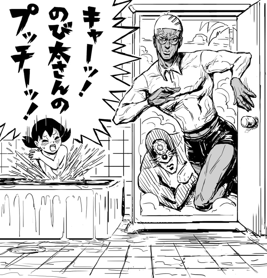 doraemon, enrico pucci, minamoto shizuka, and nobi nobita (jojo no kimyou na bouken and 2 more) drawn by sakkan